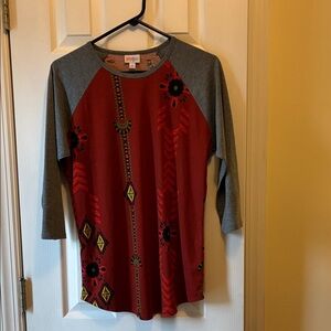 LuLaRoe Multicolor Logo on Heathered Taupe Top